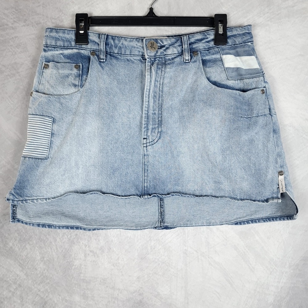 One Teaspoon Skirt Womens 30 Blue Denim Mini Utility Pockets Striped Detail